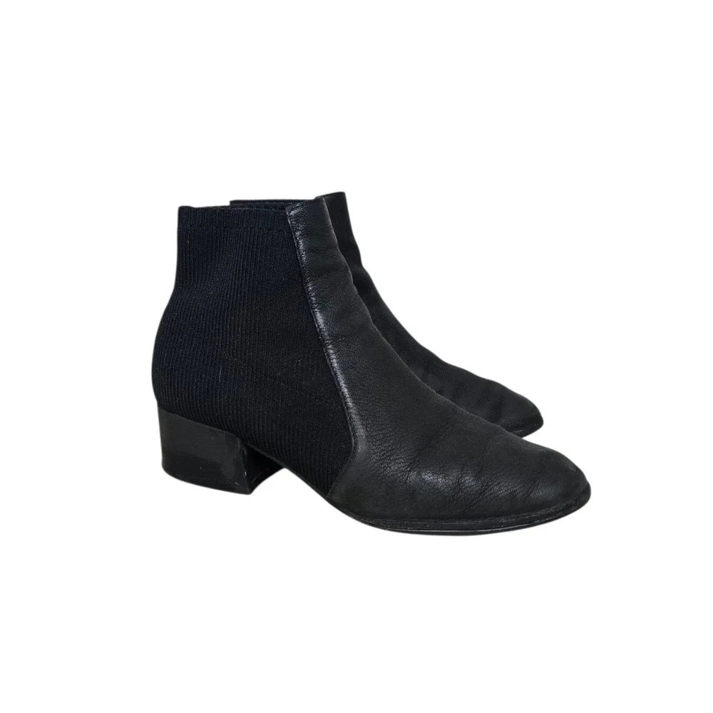 Eileen Fisher‎ Black Leather Knit Sock Ankle Boots Block Heel Made in Italy 8.5